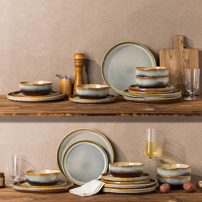 Ceramic Dinnerware Set for 4, 12-Piece Plates and Bowls Set | Handmade Reactive - Image 8