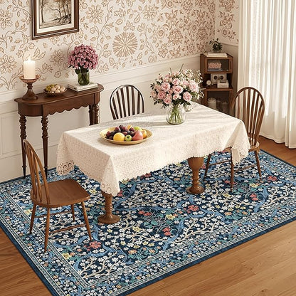 GarveeHome Floral Area Rugs 5x7, Dark Blue Washable Rug for Living Room, Bedroom, Low Pile Non Slip Stain Resistance Indoor Boho Carpet Mat for Farmhouse, Dining Room, Office