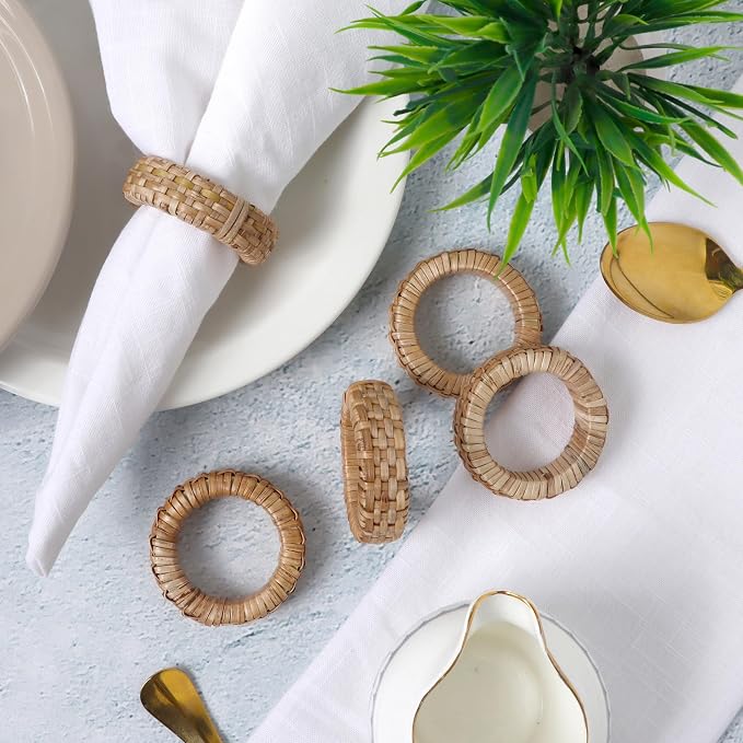 Jute Rattan Napkin Rings, Farmhouse Natural | 2.25x2.25x0.5 in each, plastic & - Image 2