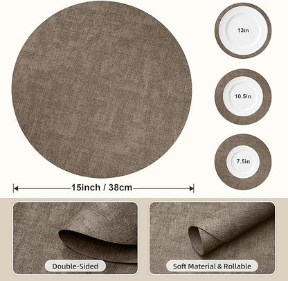 15 inch Faux Leather Round Placemats Set of 6 Non-Slip Washable Wipeable Table Mats, Heat Resistant Waterproof Oilproof Dark Coffee Place Mats for Kitchen, Dining, Party, Indoor, Outdoor