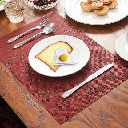 SHACOS Woven Vinyl Placemats Set of 8 Red Leaf Pattern Wipeable Place Mats for Dining Table Heat Resistant PVC Table Mats Indoor Outdoor (8, Leaf Red)