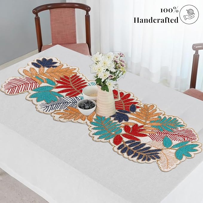 Beaded Table Runner 13x36 in, Leaf Design, Glass Beads | Hand-applied glass - Image 7