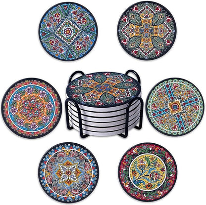 Coasters Absorbent Ceramic Coaster Drink Coasters with Cork Back Turkish Pattern Set of 6 Round Coaster Non Slip for Coffee Table Wine Glass Home Bar 4 Inch, Colorful