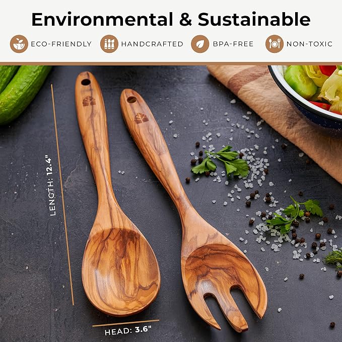 Wooden Salad Tongs for Serving, Tossing & Cooking – Sturdy Fork & Spoon - Image 6