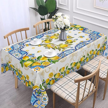 Lemon Tablecloth 60 x 120 Inch Rectangle, Yellow and Blue Mediterranean Summer Decor Tile Flower Pattern Table Cloth Italian Themed Decor for Party Oblong Table Cover for Dining Room