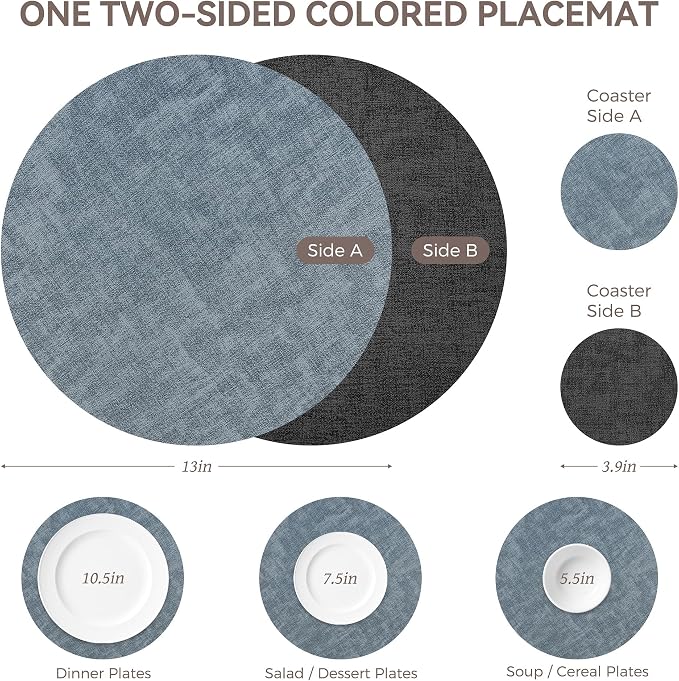 NCUE 13" Faux Leather Round Placemats Set of 6, Reversible Dual-Color | - Image 4