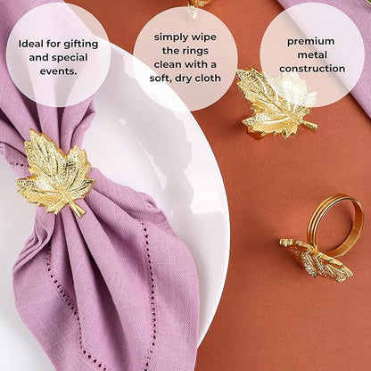 CLEENTABLE Maple Leaf Napkin Rings Set of 12 - Handcrafted Aluminum Napkin Holders for Cloth & Paper Napkins, Elegant Table Décor for Weddings, Thanksgiving, Christmas & Holiday Parties (Gold)