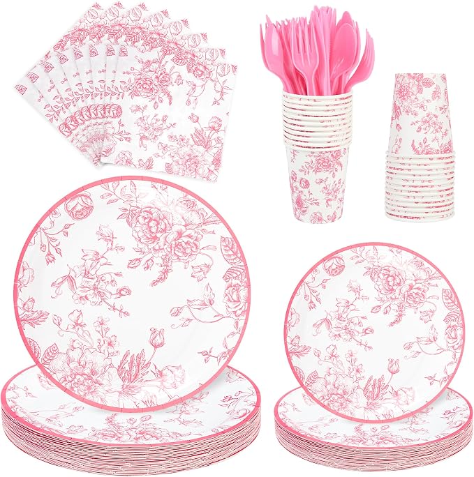 175Pcs Pink Floral Paper Plates and Napkins 25 Guests Pink White Toile by FromTablestoTales