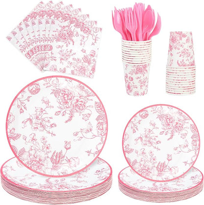 175Pcs Pink Floral Paper Plates and Napkins 25 Guests Pink White Toile by FromTablestoTales