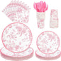 175Pcs Pink Floral Paper Plates and Napkins 25 Guests Pink White Toile by FromTablestoTales