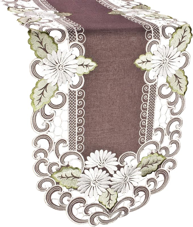 LINENS ART AND THINGS Table Runner Embroidered Pearlescent Daisy Flowers by LinensArtandThings