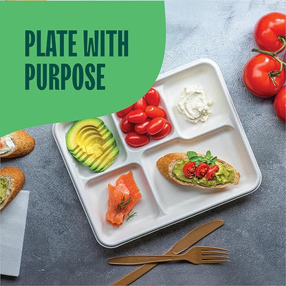 100% Compostable Paper Plate 125-Pack 5-Compartment Bagasse School Lunch Tray, Heavy Duty Quality Disposable Tray, Eco-Friendly Made of Sugar Cane Fibers