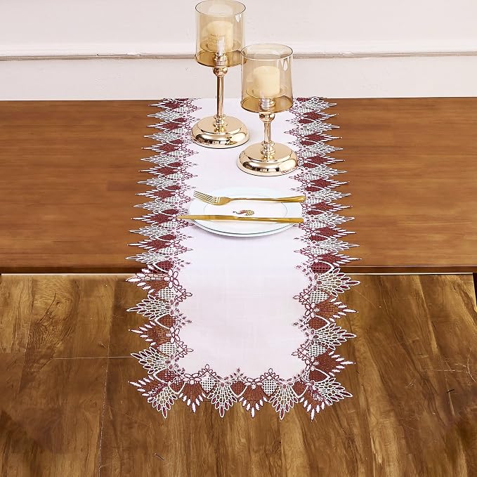 White Dark Red Linen Lace Table Runner 60 inches Dresser Scarf | White Sheer - Image 2