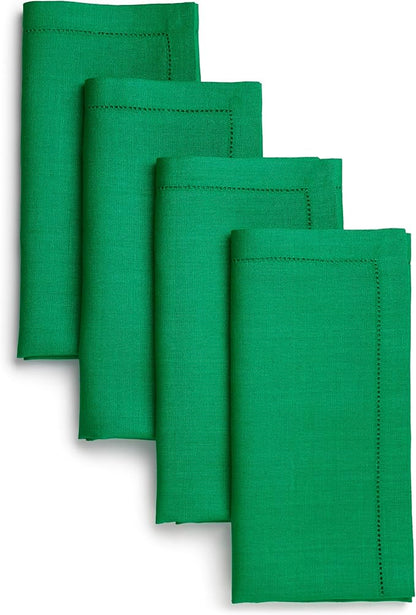 D'Moksha Homes Kelly Green Linen Napkins Set of 4 - Classic Hemstitch 100% Pure Linen Hemstitch Dinner Napkins 20 x 20 Inch for St Patricks Day, Easter - Handcrafted and Machine Washable