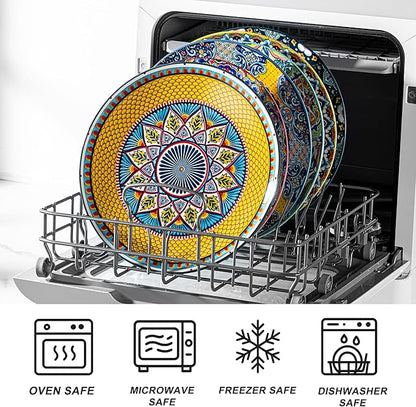 HENXFEN LEAD Dinner Plates Set of 6-10.5 Inch Large Ceramic Plates, Colorful Serving Dishes for Kitchen & Restaurant, Dishware, Microwave & Oven safe - Bohemian Style