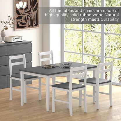 5 Piece Dining Table Set, Solid Wood Dining Table Set for 4, Farmhouse Table and 4 Chairs Set, 43.3'' Rectangular Kitchen Table Set for 4, Grey & White