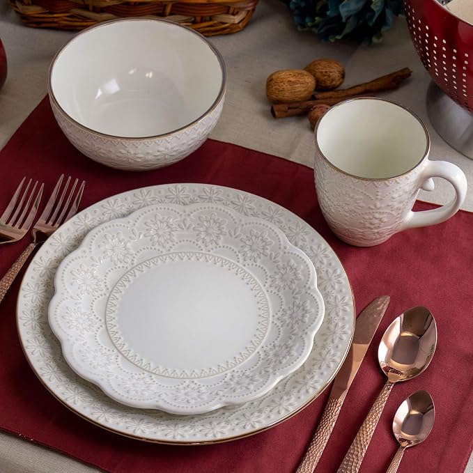 Elama Embossed Scalloped Stoneware Dinnerware Dish Set, 16 Piece - Image 13