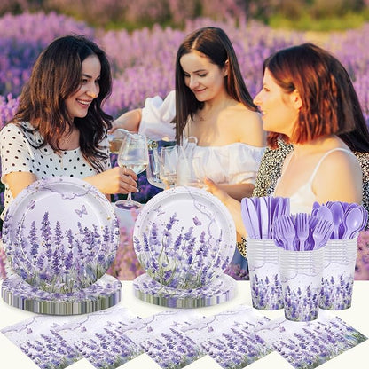 168pcs Purple Lavender Floral Paper Plates Napkins Party Supplies Serve 24 | - Image 6