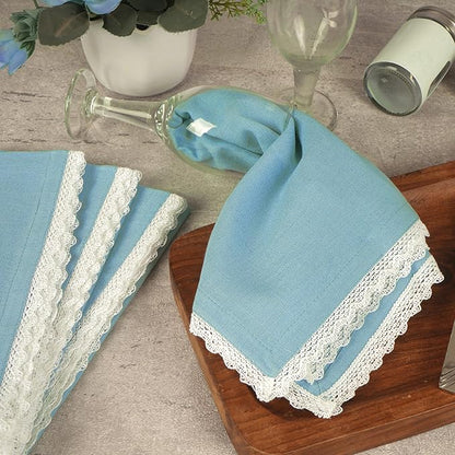 FINGERCRAFT Dinner Cloth Napkin Cotton Linen Blend 4 Pack Mitered Corners with Elegant Lace for Everyday Use Napkins are Pre Shrunk and Good Absorbency Sky Blue