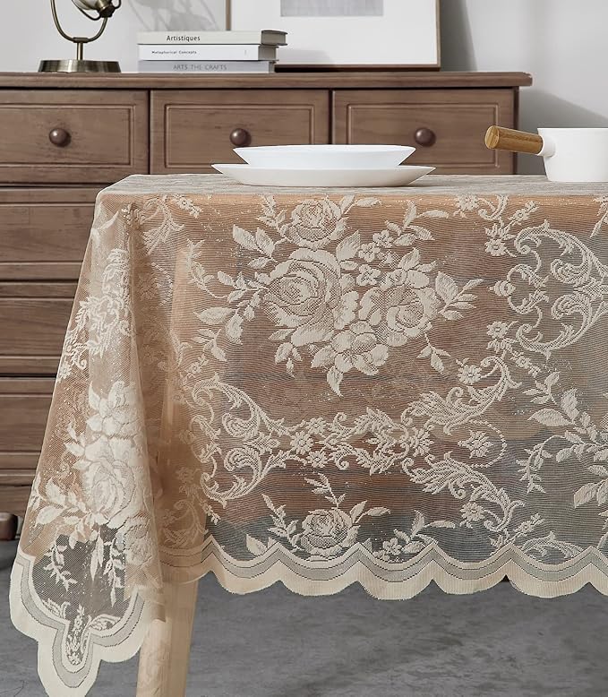 Warm Home Designs 60 x 60 Square Tablecloth with English Rose Design. Use Lace Square Table Cloth as Lace Tablecloth for Card Table or Small Dining Table. Gold Tablecloth for 4 Guests. LTC Linen 60"