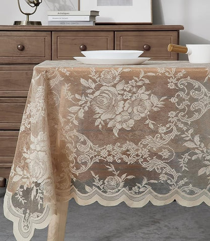Warm Home Designs 54 x 72 Lace Tablecloth. Gold Linen Rectangle Tablecloth with English Rose Design. Rectangular Dining Table Cover for 6-8 Guests. (LTC Linen 72)