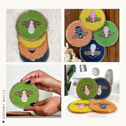 Beaded Coaster Set of 4 – Multicolor Glass-Bead Drink Coasters, Boho Table Decor for Dining & Gifting