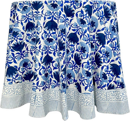 ATOSII Positano Blue 100% Cotton Round Boho Spring Summer Tablecloth, Handblock Floral Table Cloth Linen for Kitchen Dining I Parties Weddings Outdoors Grand Millennial I 60" Inches Round I 4 Seater