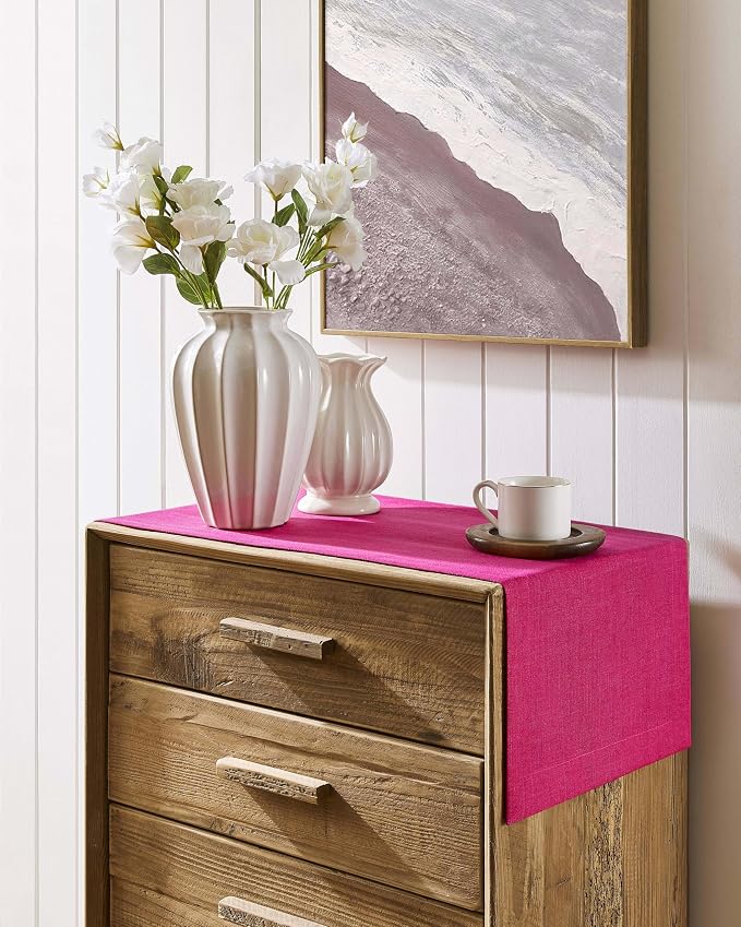 Linen Textured Border Table Runner, 14 x 36 Inch Hot Pink | Mitered Corner - Image 2
