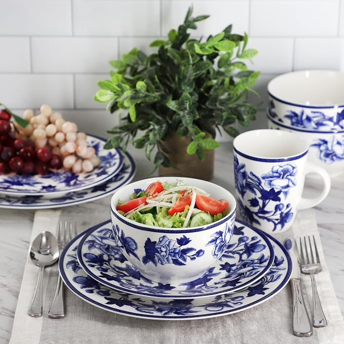 Elama Cattleya Orchid Design 16 Piece Round Porcelain Dinnerware Set in Blue - Image 9