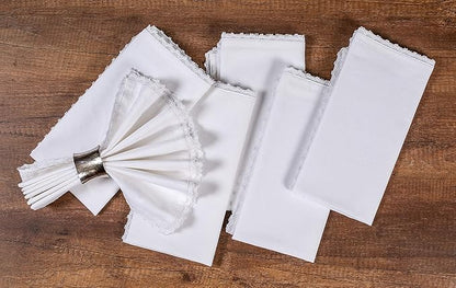 White Cloth Napkins Set of 12 Cotton - 18x18 Inch with Beautiful Lace Soft Elegant Decorative Washable Reusable Dinner Napkin for Dining Table Décor Wedding Party Thanksgiving Birtday and Everyday Use