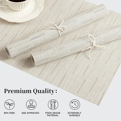 Leetaltree Pale Beige Placemats Set of 12 - Heat Resistant Non-Slip Place mats for Dining Table, Washable Durable PVC Vinyl Woven Table Mats（Pale Beige, 12）