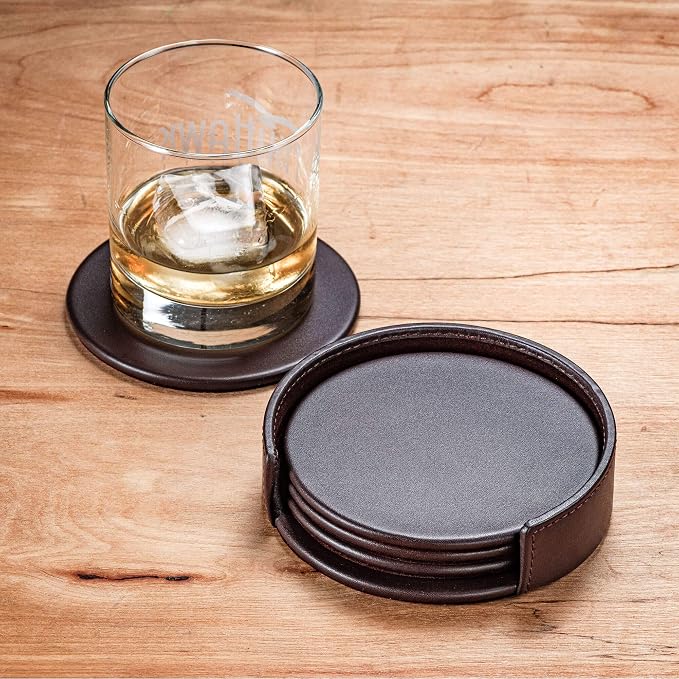 Dacasso Chocolate Brown Leather 4-Round Coaster Set - Image 2