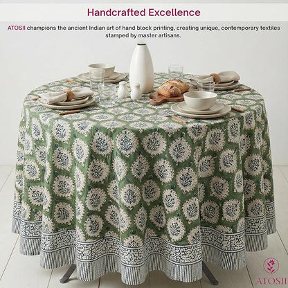 ATOSII Kari Green 100% Cotton Round Boho Spring Summer Tablecloth, Block Print Floral Table Cloth Linen for Dining, Parties, Weddings, OutdoorsI Home Table Decor 90" Inches Round