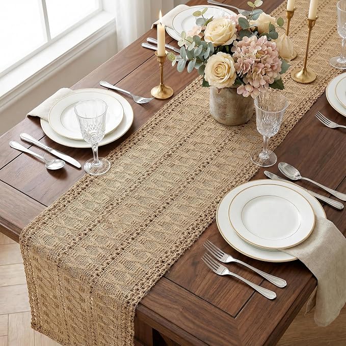 Burlap Boho Table Runner Macrame Brown 60in Farmhouse Woven Runner | Burlap - Image 7
