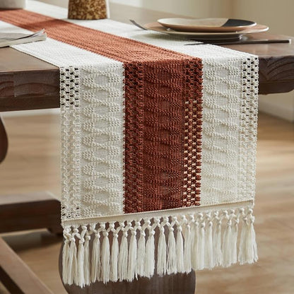 Macrame Style Bicolor Stitching Table Runner 14x48in Terracota | Woven Boho - Image 7