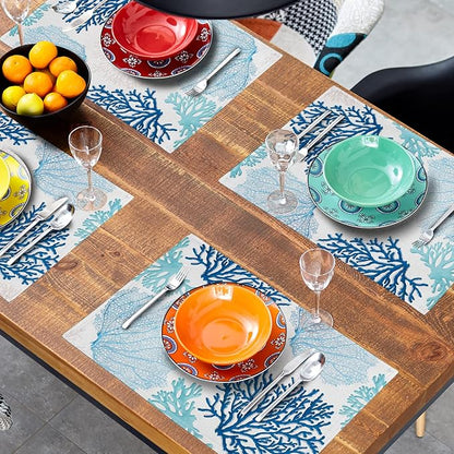 Giwawa Ocean Coral Placemats Set of 4 Summer Blue White Coral Reef Linen Table Place Mat Nautical Sea Marine Seaweed Heat-Resistant Place Mats for Dining Kitchen 12"x18"