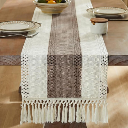 Macrame Style Bicolor Stitching Table Runner 14x72in Cocoa Brown | Woven Boho - Image 3