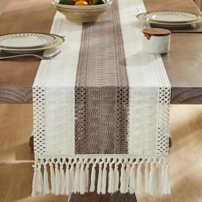 Macrame Style Bicolor Stitching Table Runner 14x36in Cocoa Brown | Woven Boho - Image 3
