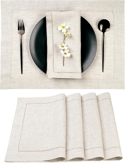 D'Moksha Homes Light Natural Linen Cloth Placemats Set of 4-100% Pure Linen Hemstitch Placemats 14 x 19 Inch - Classic Hemstitch Table Place Mats for Valentines, Easter - Machine Washable