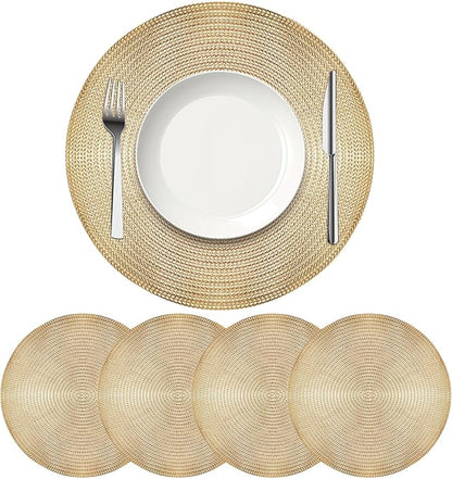 Set of 4 PVC Gold Textured Round Placemats Dinning Kitchen Table Mats Decorations Setting for Christmas Wedding Thanksgiving Party Event Holiday Autumn Harvest 15 Inch