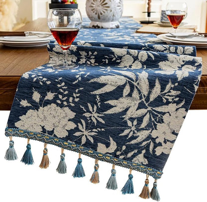 Floral Botanical Jacquard Small Table Runner Blue 13 x 48 Inch | Jacquard Flower by HomeyHo