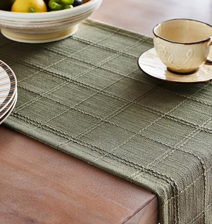Linen Checked Farmhouse Table Runner, 13x48 Inches Olive | Raised Grid Design - Image 5