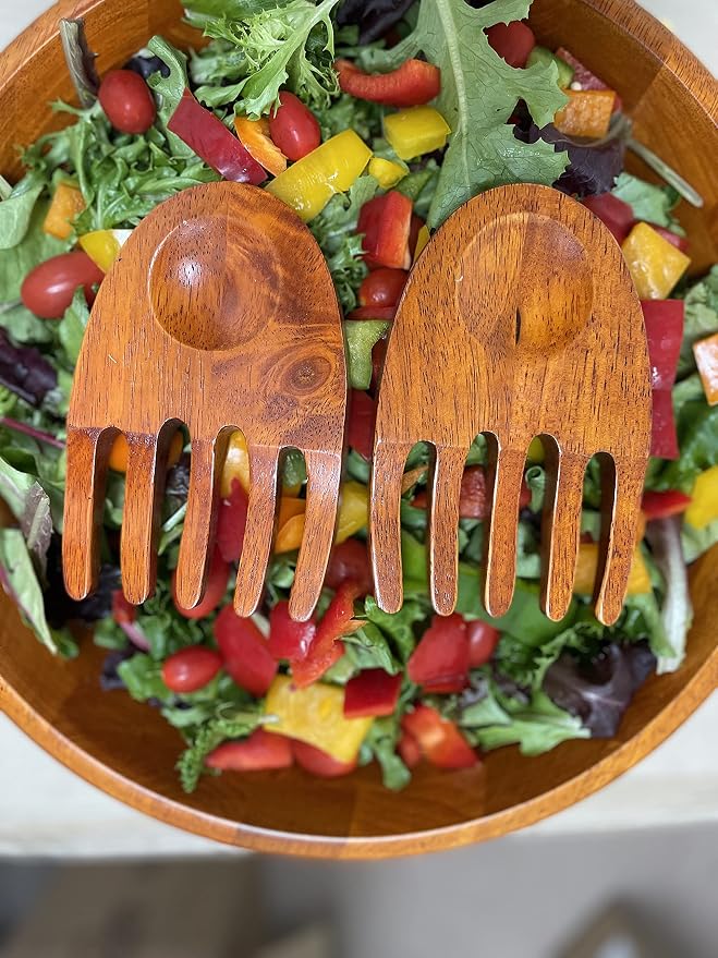 Woodard & Charles Wood Salad Hands Servers, Cherry Stain | Wood Serving Bowl - Image 3