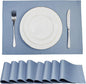 Place Mats Set of 8 – Rectangle Rectangular Waterproof Fabric Polyester Cloth Washable Wipeable Heat Resistant Placemats for Kitchen Dining Dinner Table Indoor 13 x 19 Inch Light Blue