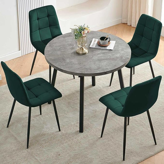 5 PCS Dining Room Table Set, Grey Kitchen Table with Hooks for Hanging, Thick MDF Tabletop, 4 Dark Green Velvet Living Room Chairs