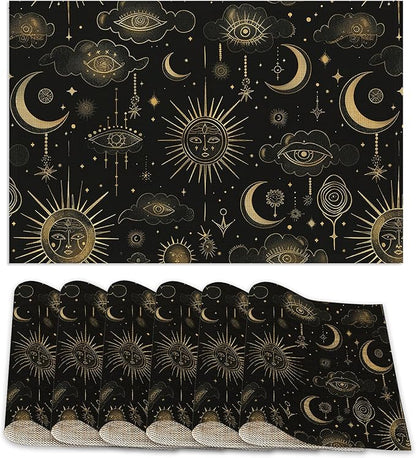 Placemats Set of 6,Moon Sun Table Mats,Vintage Boho Washable Linen Table Mats,Non-Slip Heat Resistant Placemats for Party Kitchen Dining Indoor Outdoor 12"x18"