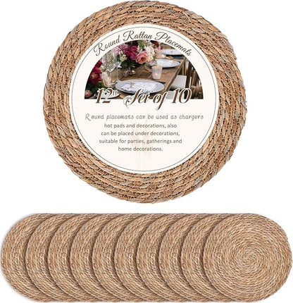 Defined Deco Woven Placemats Set of 10,12" Round Rattan Placemats,Natural Hand-Woven Water Hyacinth Placemats,Farmhouse Weave Place Mats,Rustic Braided Wicker Table Mats for Dining Table,Home,Wedding.