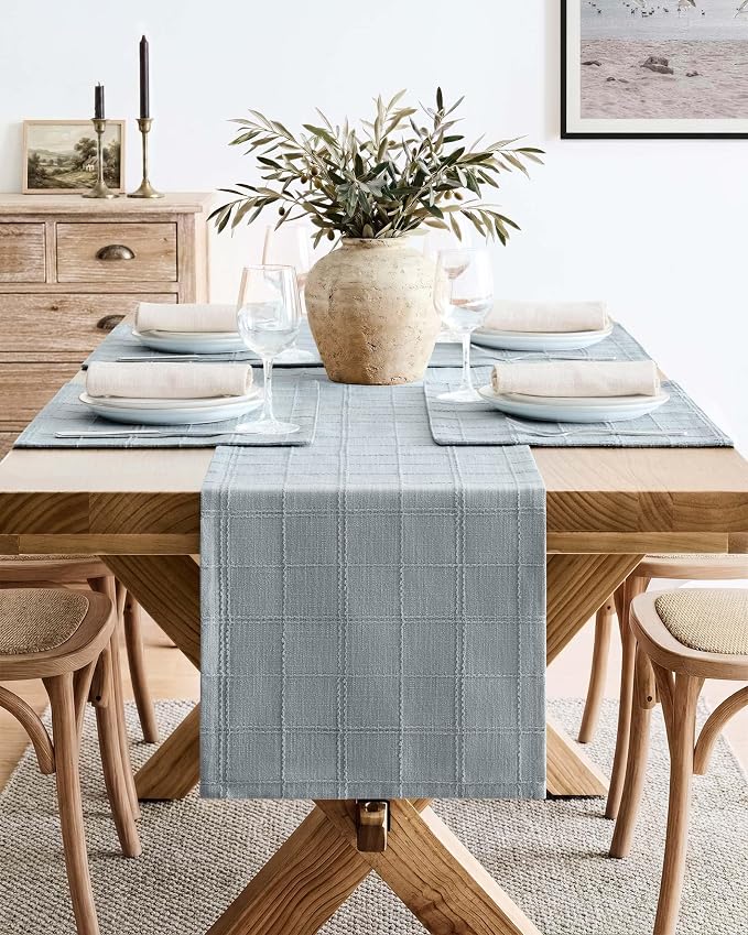Linen Checked Farmhouse Table Runner, 13x108 Inches Chambray | Raised Grid - Image 2