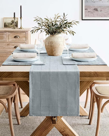 Linen Checked Farmhouse Table Runner, 13x90 Inches Chambray | Raised Grid Design - Image 2