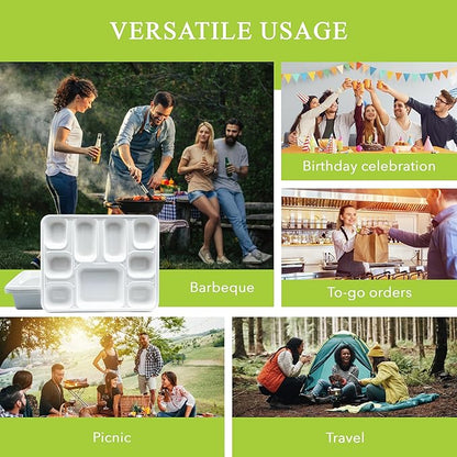 three leaf 9 COMPARTMENT BAGASSE RECTANGULAR PLATE, 25 Ct. Heavy-Duty- Super Strong- Natural- Eco-Friendly Disposable Bagasse Plates, 100% Biodegradable 9 compartment plates